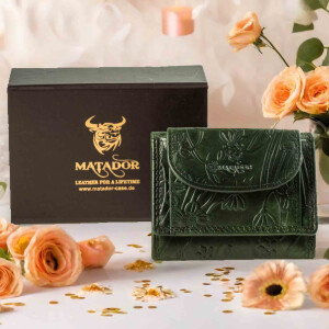 MATADOR Kleine Leder Mini Geldbörse Damen TüV RFID Blumen Grün