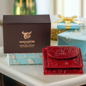 MATADOR GENF Kleine Leder Mini Geldbörse Damen RFID Blumen Rot