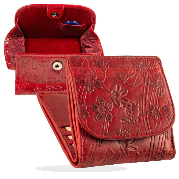 MATADOR Geldbörse Klein Mini Leder RFID TüV Brieftasche Blumen Rot
